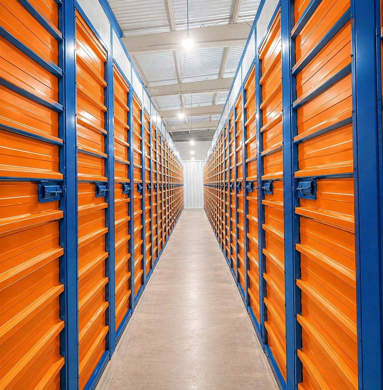 Corredor iluminado de self storage com portas laranjas